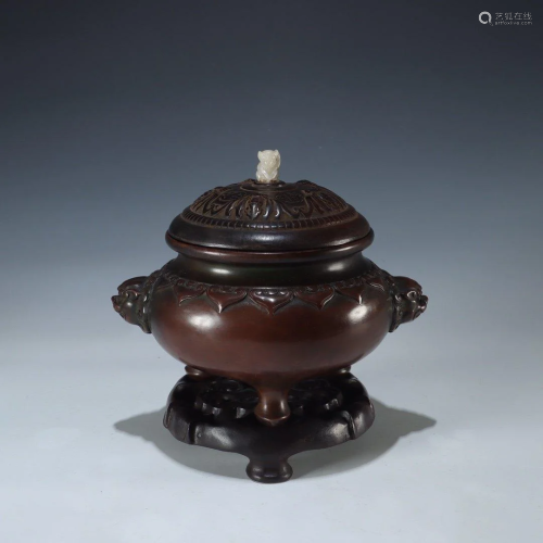 A COPPER CENSER WITH ROSEWOOD LID & STAND