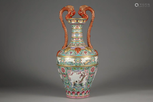 A FAMILLE ROSE PORCELAIN DRAGON-EAR VASE