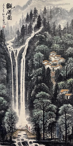 A PAINTING OF WATERFALL IN MOUNTAINS, LI KERAN