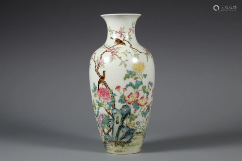 A FAMILLE ROSE 'BIRD & FLOWER' GUANYIN VASE