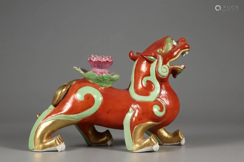 A RED GLAZED PORCELAIN KYLIN INCENSE HOLDER