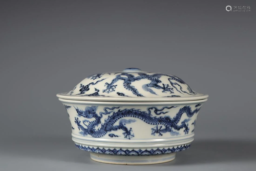 CHINESE BLUE AND WHITE DRAGON LIDDED BOWL