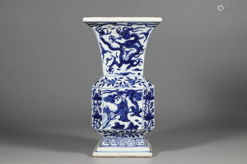 BLUE & WHITE 'SCHOLARS AND FLOWERS' SQUARE GU VASE