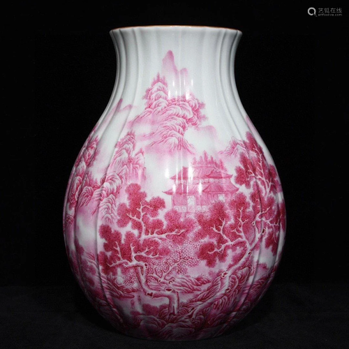 ROUGE RED GLAZED MELON-RIDGED 'LANDSCAPE' ZUN VASE