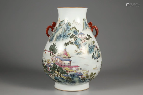 A FAMILLE ROSE LANDSCAPE DOUBLE-EAR ZUN VASE