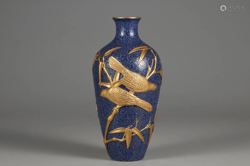 A BLUE GLAZED 'BIRDS AND BAMBOO' ENGRAVED VASE