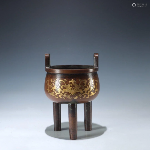 A GILT BRONZE TRIPOD CENSER