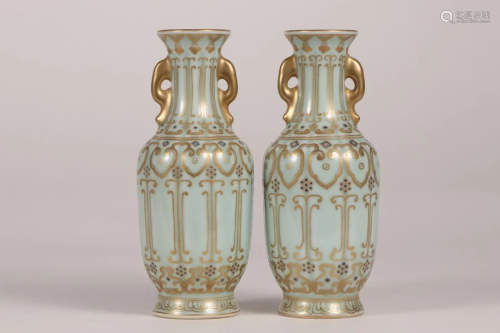 A PAIR OF CELADON GOLD-PAINTED DOUBLE-EAR VASES