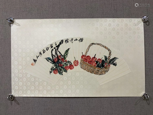 A CHINESE FAN LEAF PAINTING OF LITCHIS, QI BAISHI