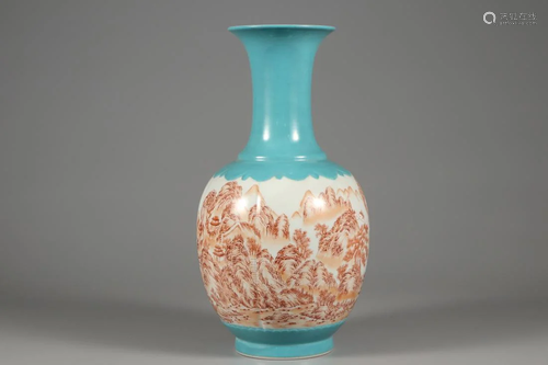 A TURQUOISE GROUND IRON RED 'LANDSCAPE' VASE