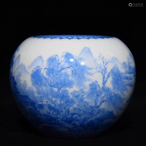 A BLUE GLAZED 'LANDSCAPE' WATER POT