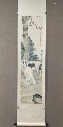 A CHINESE PAINTING OF DOUBLE SHEEP, LIU KUILING