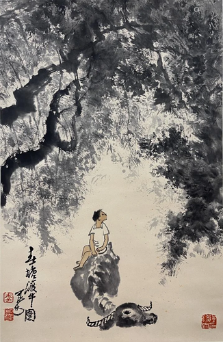 CHINESE PAINTING OF A BOY ON BUFFALO, LI KERAN