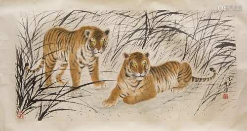 A CHINESE PAINTING OF TWO TIGERS, FANG CHUXIONG