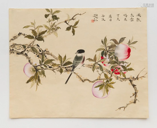 A PAINTING OF BIRD AND PEACHES, ZHOU WUSHENG