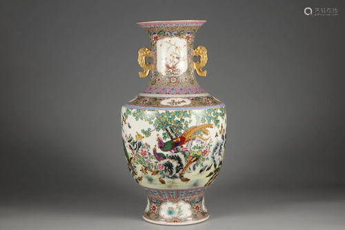 AN ENAMELED 'BIRD AND FLOWER' DOUBLE-EAR VASE