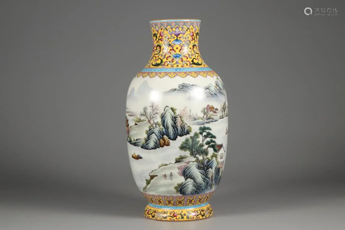 A FAMILLE ROSE 'LANDSCAPE AND FIGURES' VASE