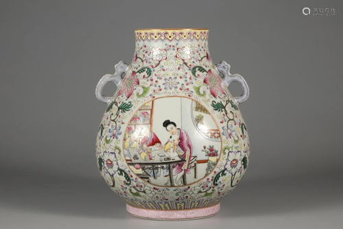 A FAMILLE ROSE OPEN FACE DOUBLE-EAR ZUN VASE