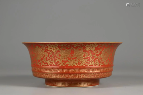 AN IRON RED GOLD-PAINTED 'EIGHT TREASURES' BOWL