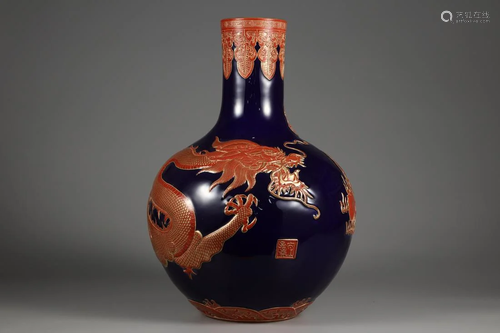 A BLUE GROUND DRAGON ENGRAVED CELESTIAL VASE