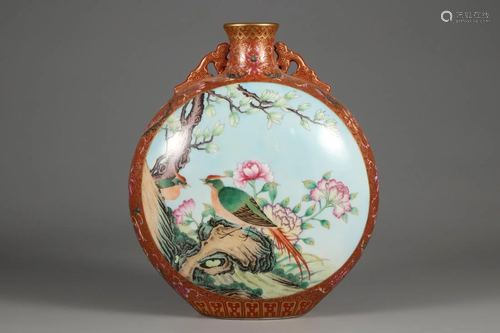 A FAMILLE ROSE OPEN FACE FLORAL MOONFLASK VASE