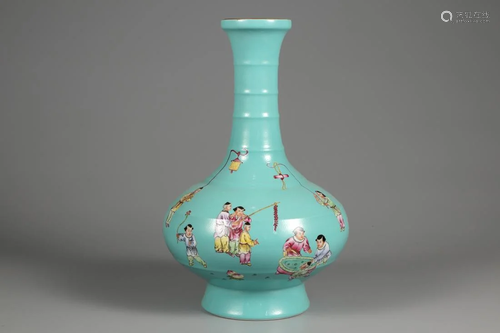 A TURQUOISE GLAZED 'KIDS-JOY' WATER-CHESTNUT VASE