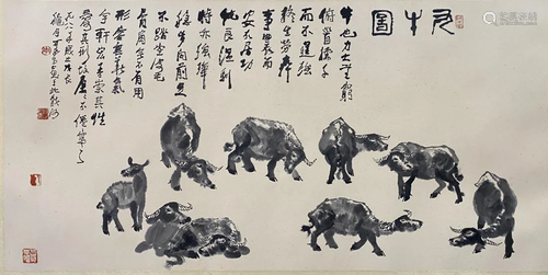 A CHINESE INK PAINTING OF NINE CATTLES, LI KERAN