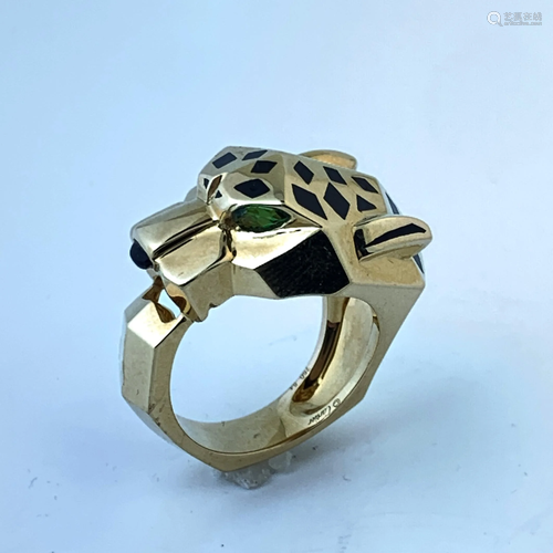 CARTIER 18K YELLOW GOLD PANTHER ONYX TSAVORITE RING