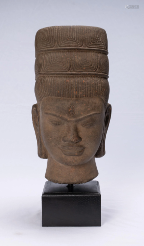 Antique Bayon Style Khmer Mounted Stone Shiva Head