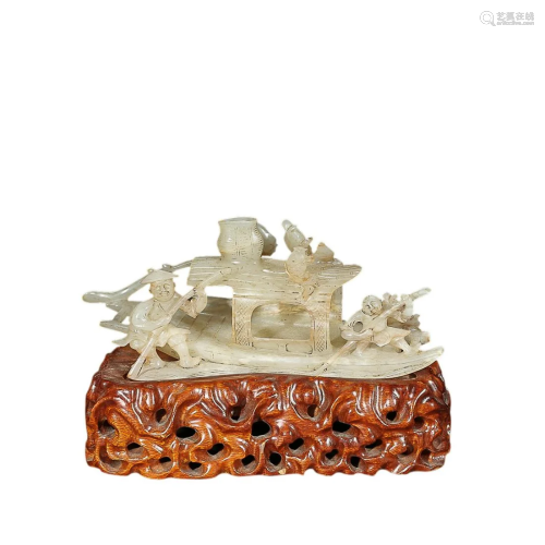A HETIAN JADE 'FIGURE AND BOAT' GROUP
