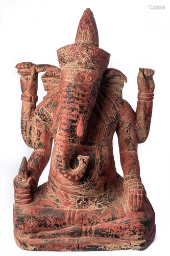 Antique Khmer Style Wood Seated Ganesha Statue -