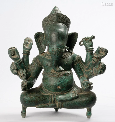 Antique Khmer Style Angkor Wat Seated 8 Arm Ganesha