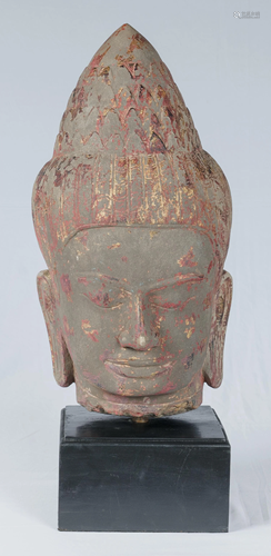 Antique Khmer Style Stone Bayon Buddha Head Statue -