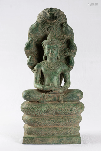 Antique Bayon Style Seated Khmer Bronze Meditating Naga