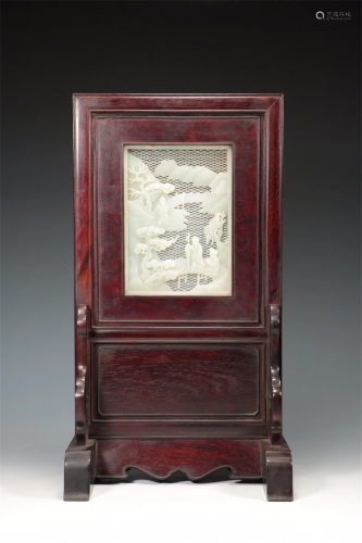 A Chinese Carved Hardwood Table Screen with Jade Inlaid