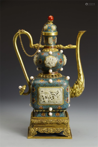 A Chinese Cloisonne Wine Pot with Jade Inlaid