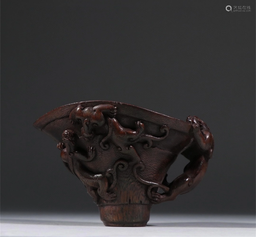 A Chinese Carved Hardwood Wine Cup