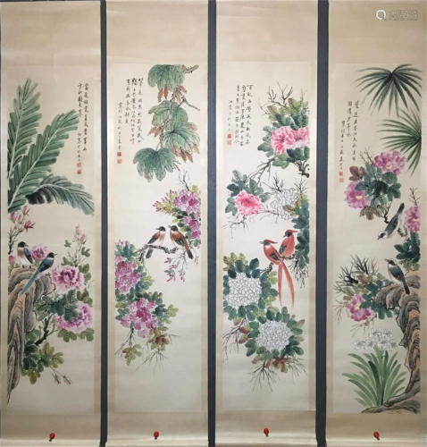 A Set of Chinese Scroll Paintings of Flowers and Birds
