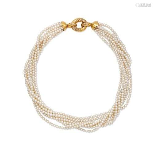 COLLIER TORCHON EN OR, PERLES DE CULTURE ET DIAMANTS