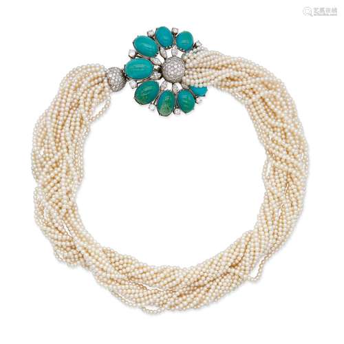 DEMI-PARURE EN OR, PERLES DE CULTURE, TURQUOISES ET DIAMANTS...