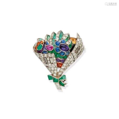 BROCHE EN PLATINE, PIERRES PRÉCIEUSES ET DIAMANTS, FRANCE VE...