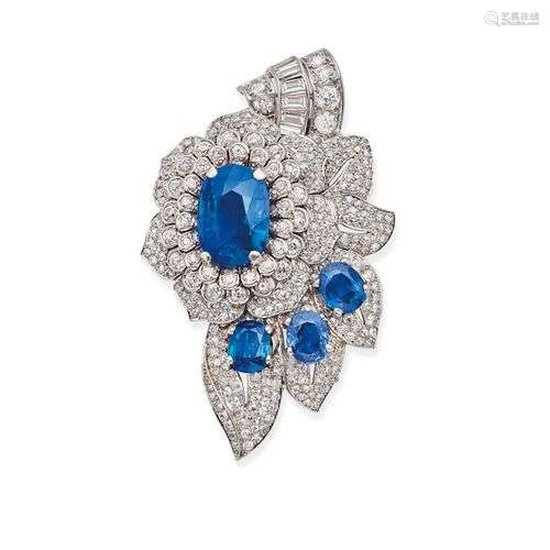 BROCHE EN PLATINE, OR, SAPHIRS ET DIAMANTS, SIGNÉE CARTIER