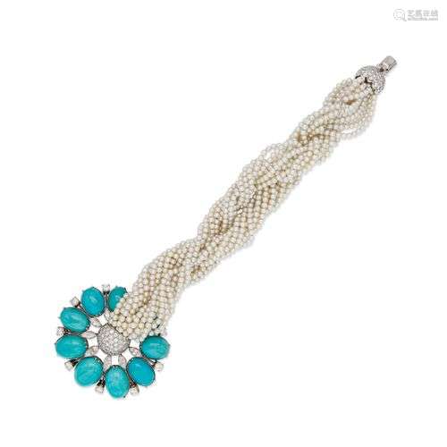 BRACELET EN OR, PERLES DE CULTURE, TURQUOISES ET DIAMANTS, A...