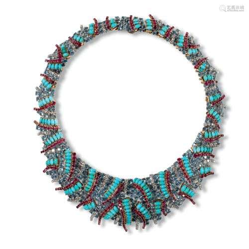 COLLIER EN PLATINE, EN OR DE DEUX TONS, TURQUOISES, RUBIS, A...