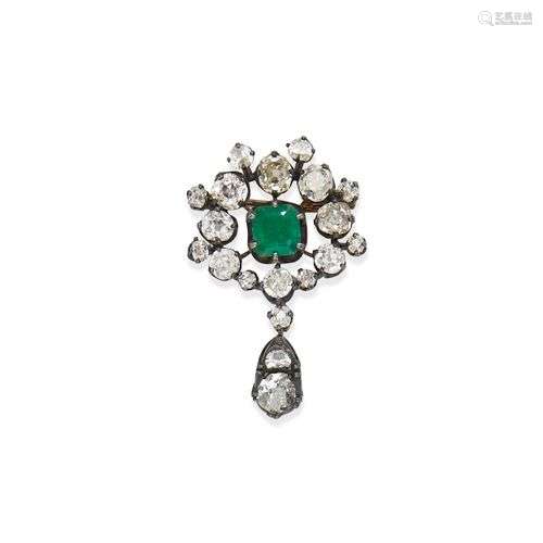 BROCHE EN OR, ARGENT, EMERAUDE ET DIAMANTS, XIX SIECLE