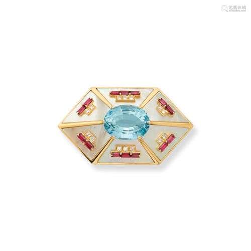 BROCHE AIGUE-MARINE NACRE, RUBIS ET DIAMANTS