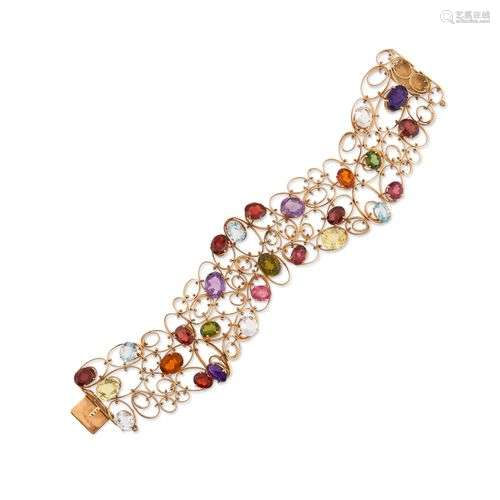 BRACELET BANDE SEMI-ARTICULÉ EN OR, TOURMALINE, QUARTZ CITRI...