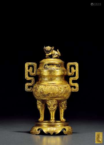 清中期 宝成款铜鎏金龙纹兽钮薰炉