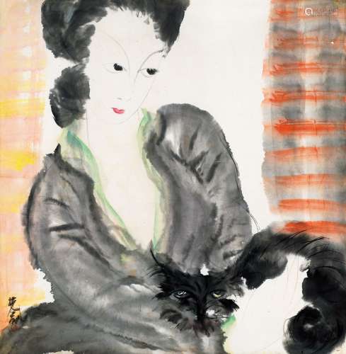 林风眠（1900～1991） 抱猫仕女 纸本 彩墨