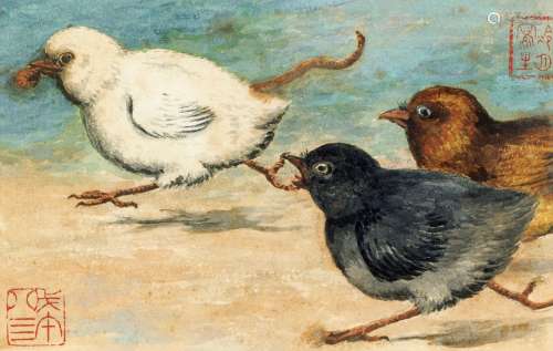 陶冷月（1895～1985） 1978年作 小鸡戏食 纸本 水彩